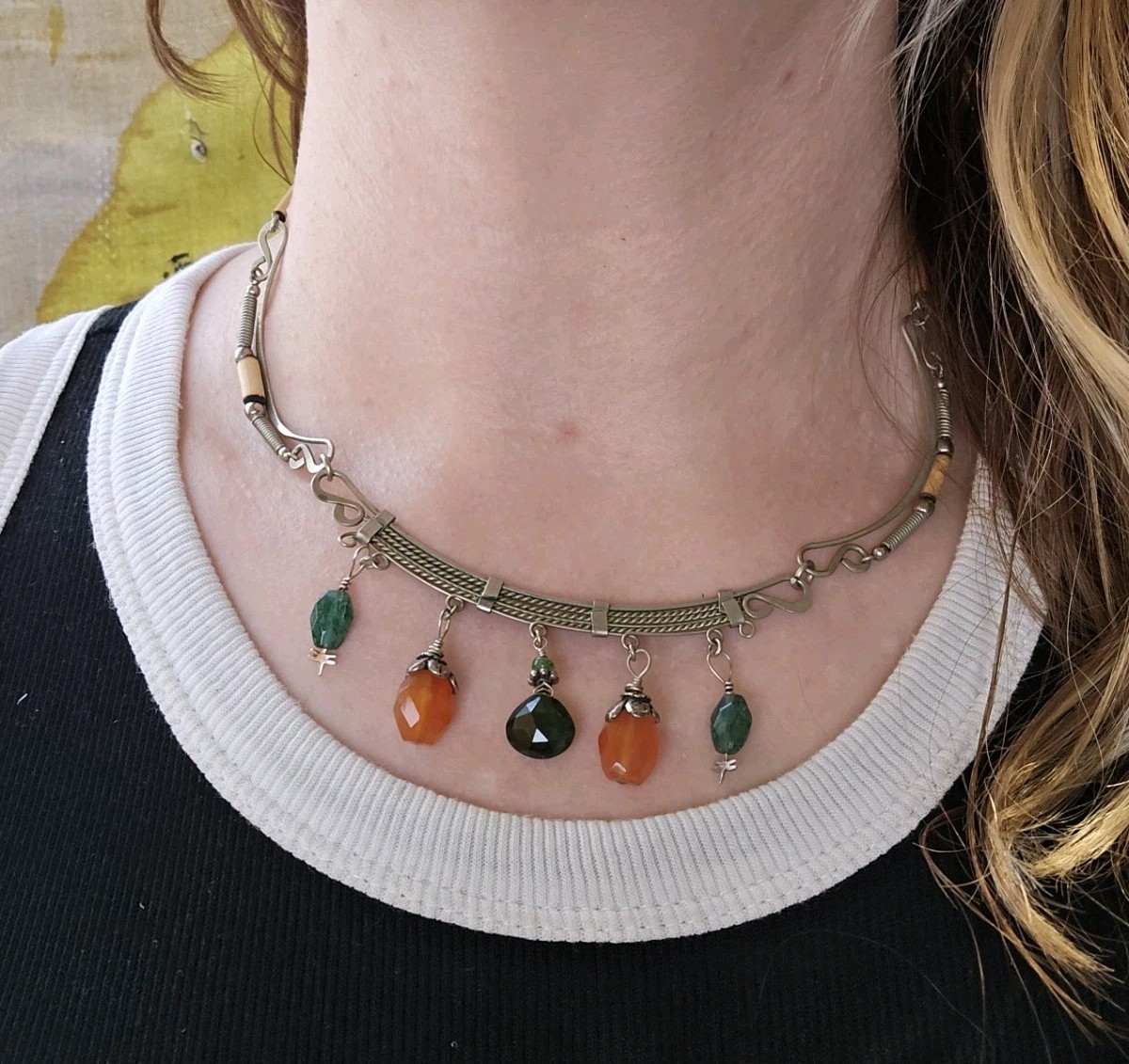 Southwest Style Natural Stone Choker Necklace Porcupine Quill Bugle Beads 17″