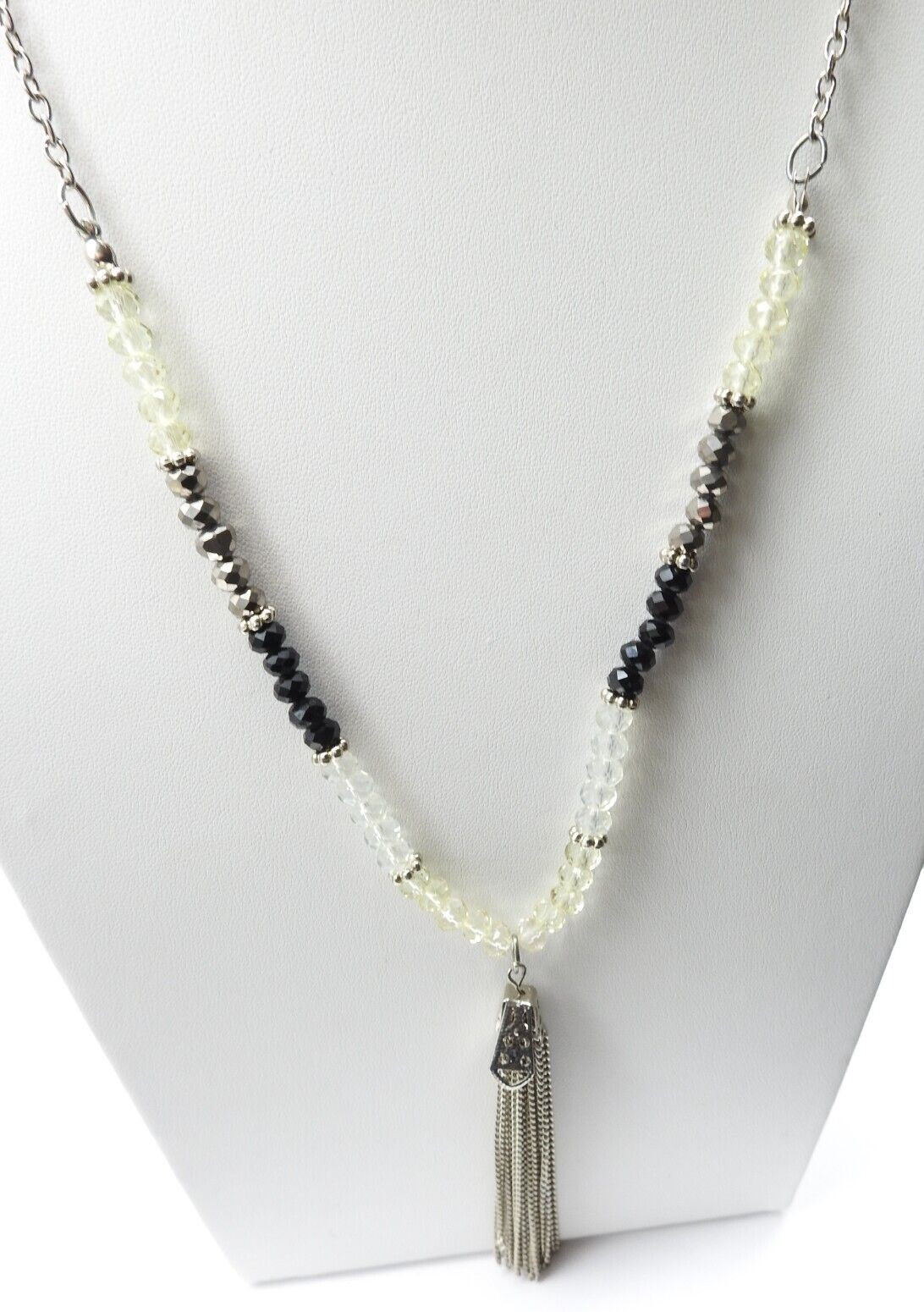 Yellow Gray Black Clear Acrylic Faux Crystal Silver Tone Tassel Necklace Vintage