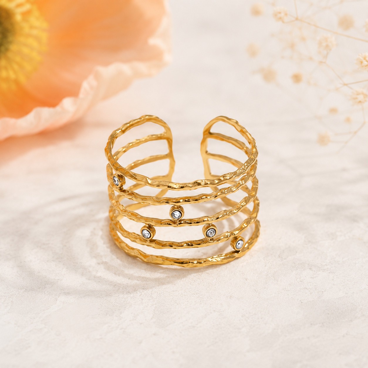 Gold Plated Stainless Steel CZ Open Cuff Ring Hammered Adjustable Jewelry