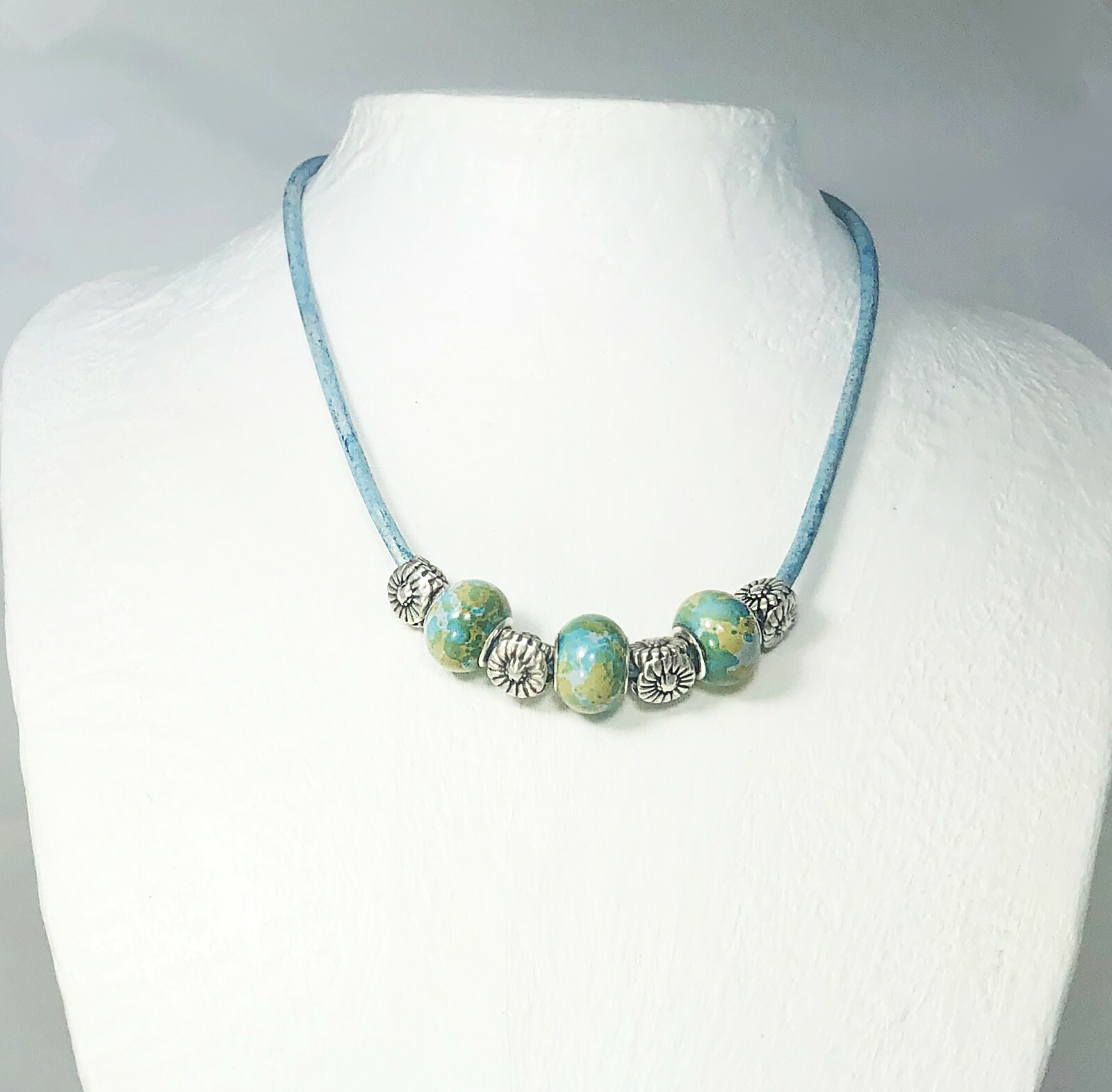 Summer Choker with Cornflower Blue Leather Cord and Lampwork Beads