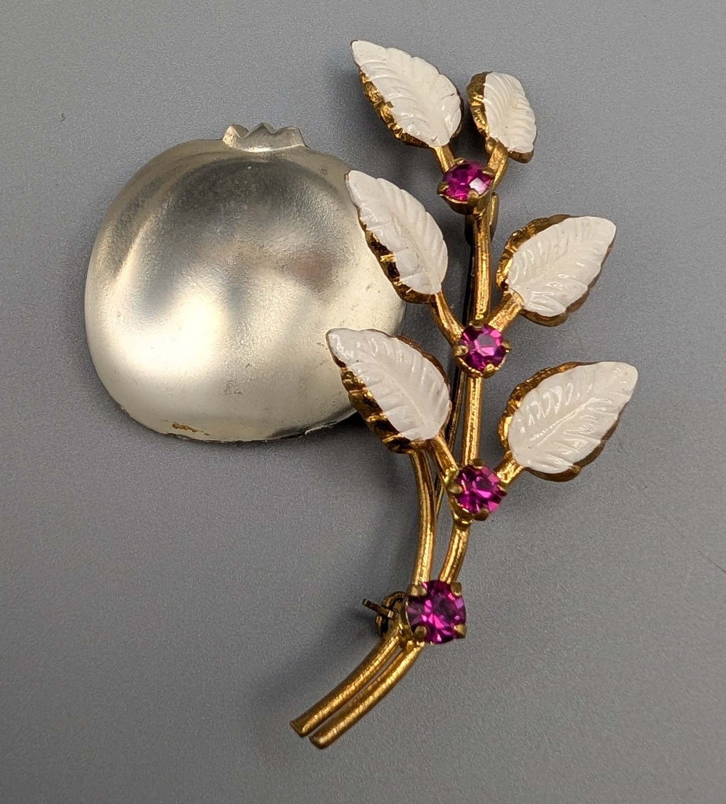 Vintage Signed Austria Forbidden Fruit Pear Fig Brooch Pin White 1950s