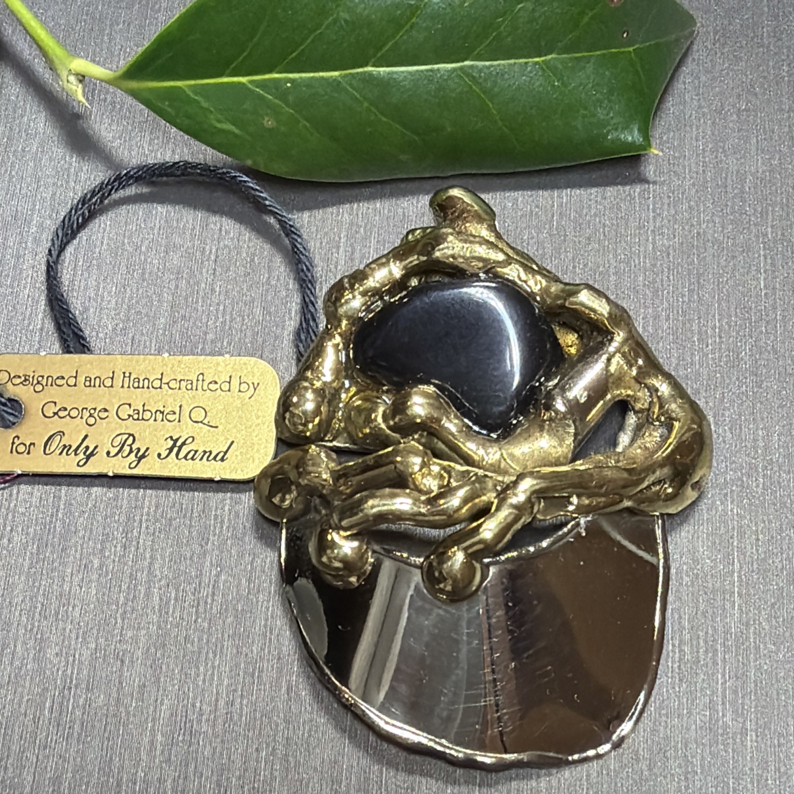 Vintage George Gabriel Mixed Metal Brooch Gold Silver Copper Onyx Gem Modernist