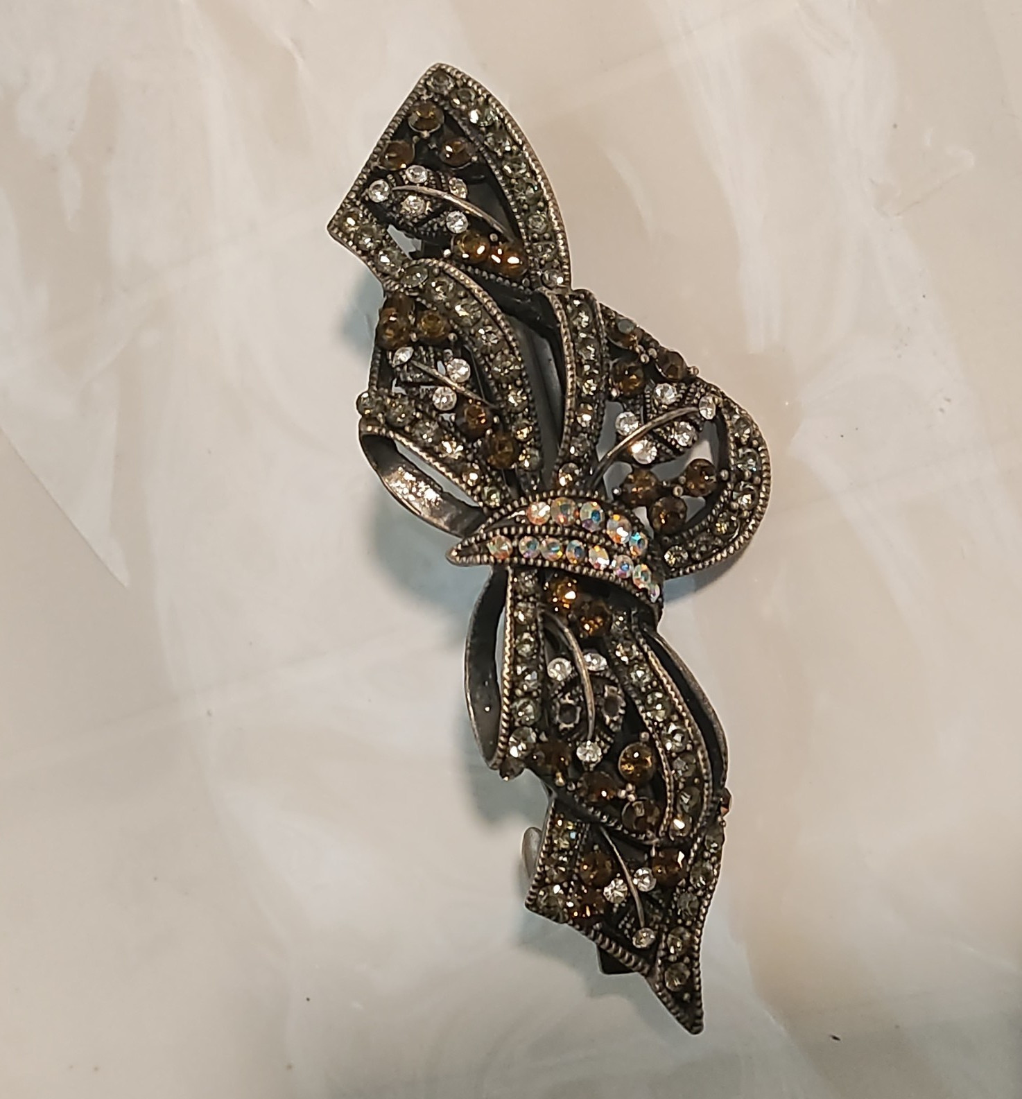 Silver Tone Bow Brooch Pin w/ Clear Rhinestone Accents, Metal Costume Jewelry