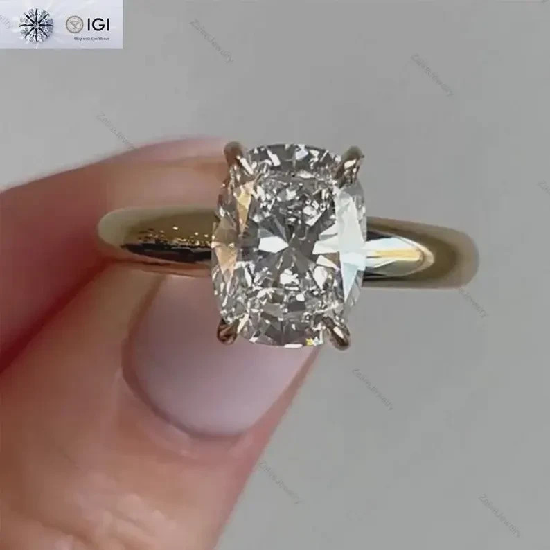 IGI 3 Ct Cushion F-VS1 Lab Grown Diamond Women Engagement Ring 14K Yellow Gold