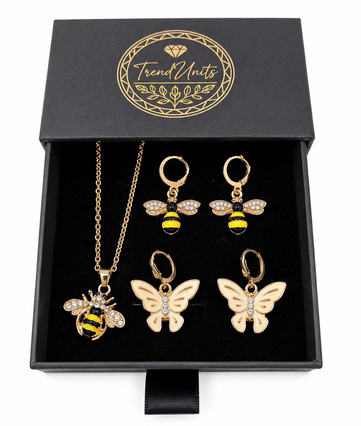 🐝 Bee & Butterfly Necklace Earrings Set Crystal Gold Tone Gift Box Included