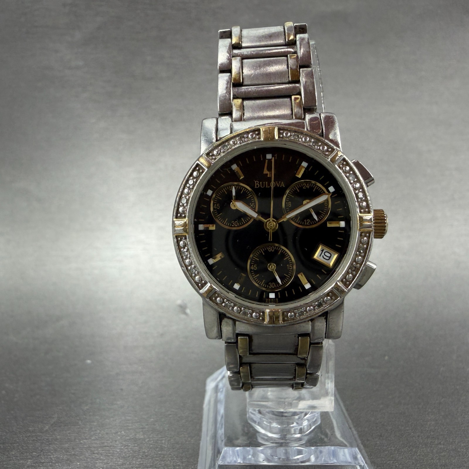 Bulova Chronograph Watch Women 30mm Black Dial Two Tone Date 98W15 New Battery