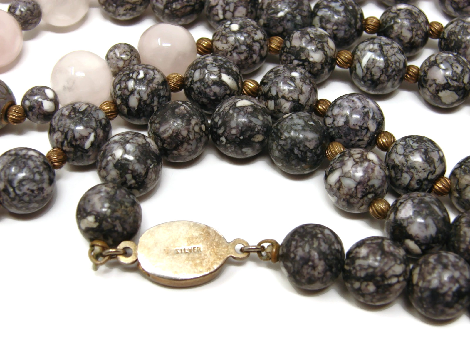 Vintage Chinese Export Rose Quartz Agate Cloisonee Bead Necklace Silver Clasp