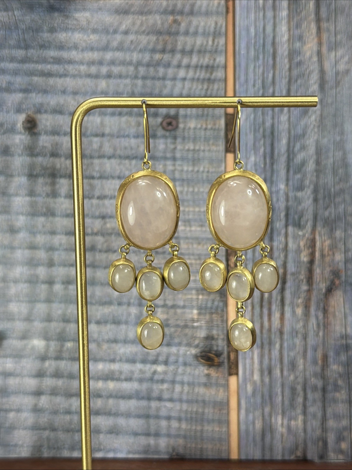Signed Sheila Fajl Glow Satin Matte Gold Tone Drop Earrings Pink Quartz dangle