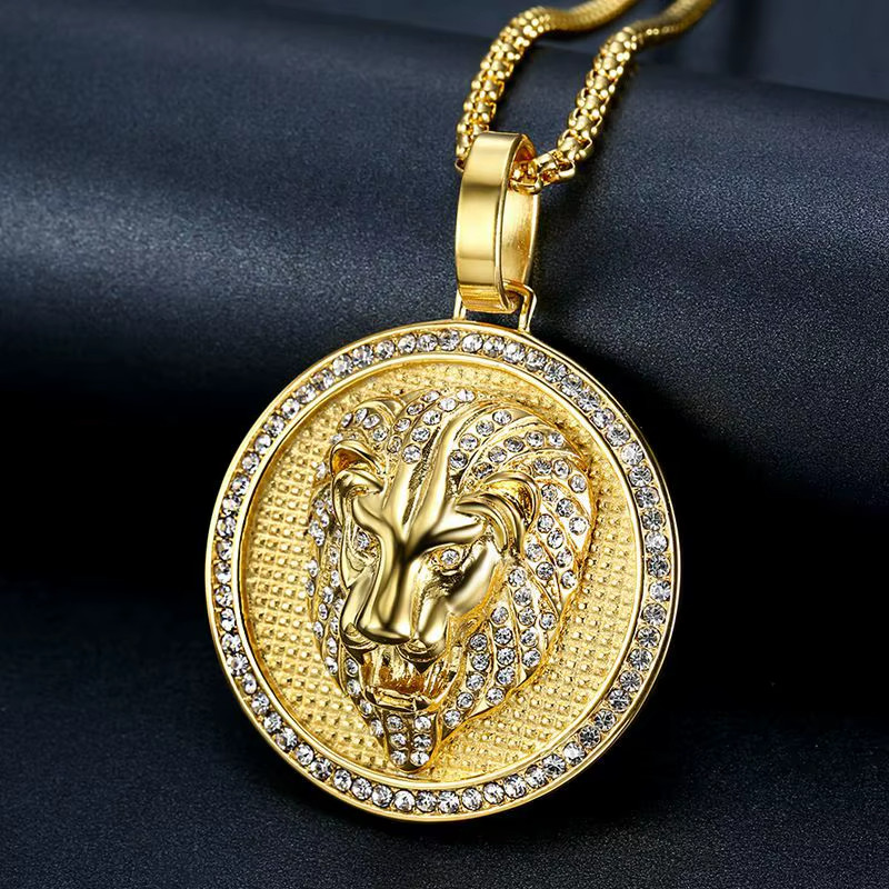 Stainless Steel Lion Head CZ Medal Medal Pendant 24″ Rolo Chain Hip Hop Necklace