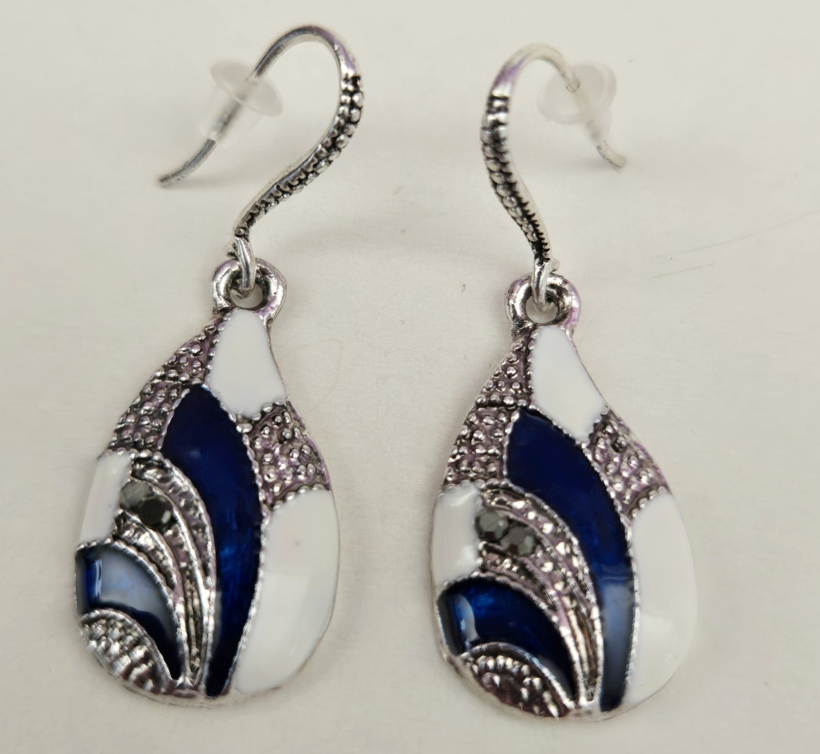 Blue White Enamel Dangle Earrings Teardrop Silver Tone Hook Backs Pierced Drop