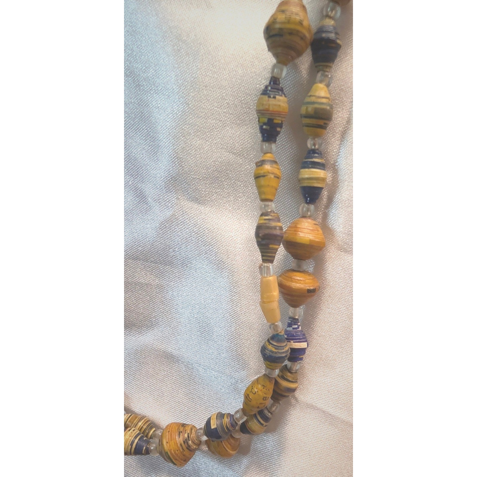 45″ Long Vintage Paper Bead Beaded Necklace 45″ Beige Blue Boho Green Red Brown