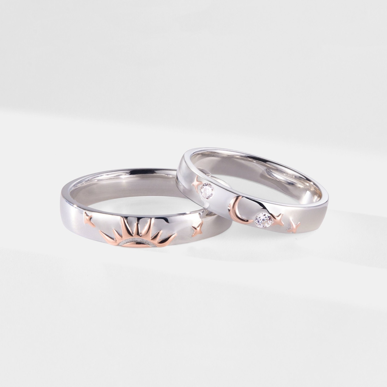 Sun Moon Star Couple Wedding Band Ring in 925 Sterling Silver