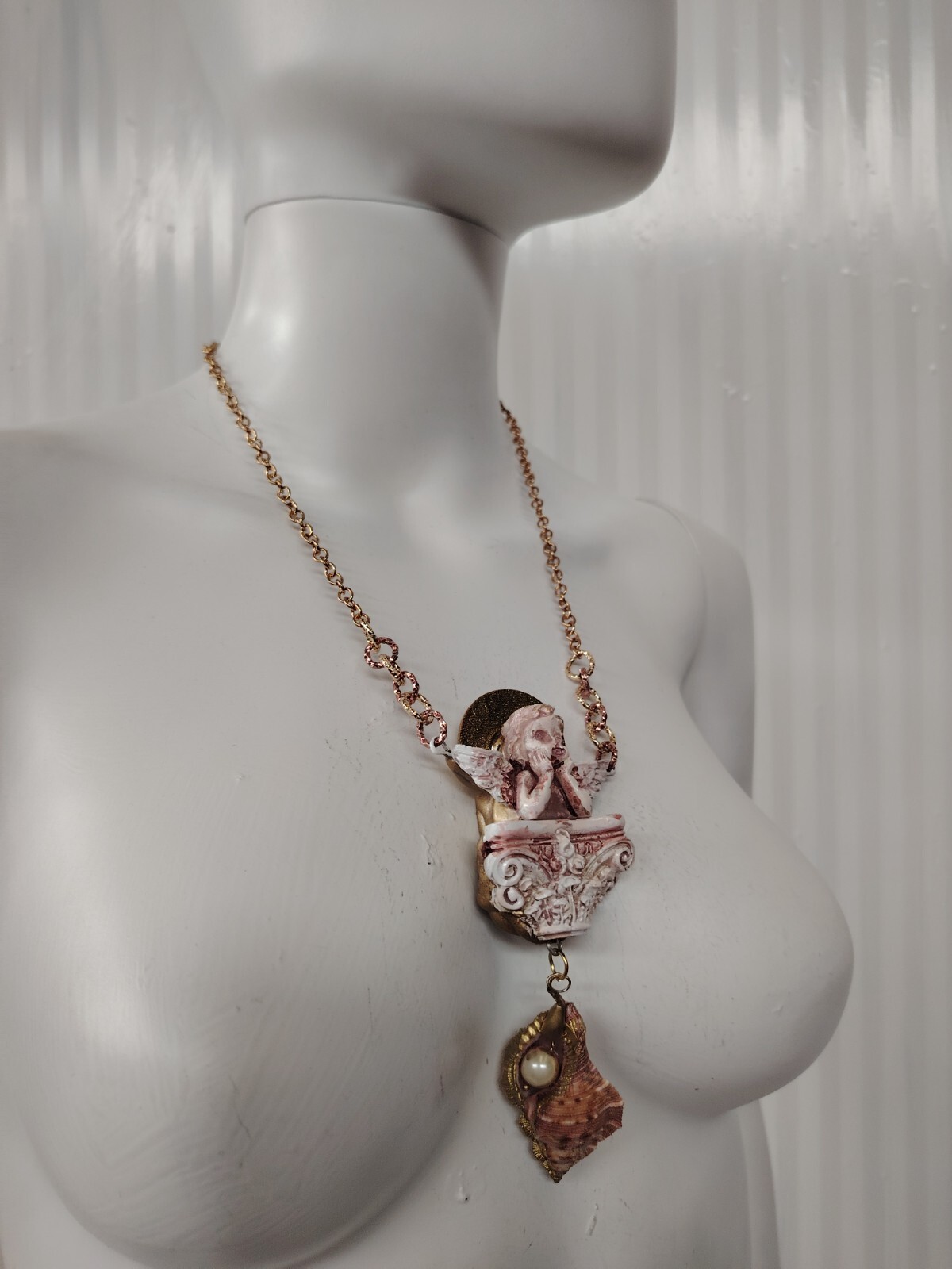 Necklace Winged Angel Cherub Talisman Baroque Pendant Amulet Shell Charm Jewelry