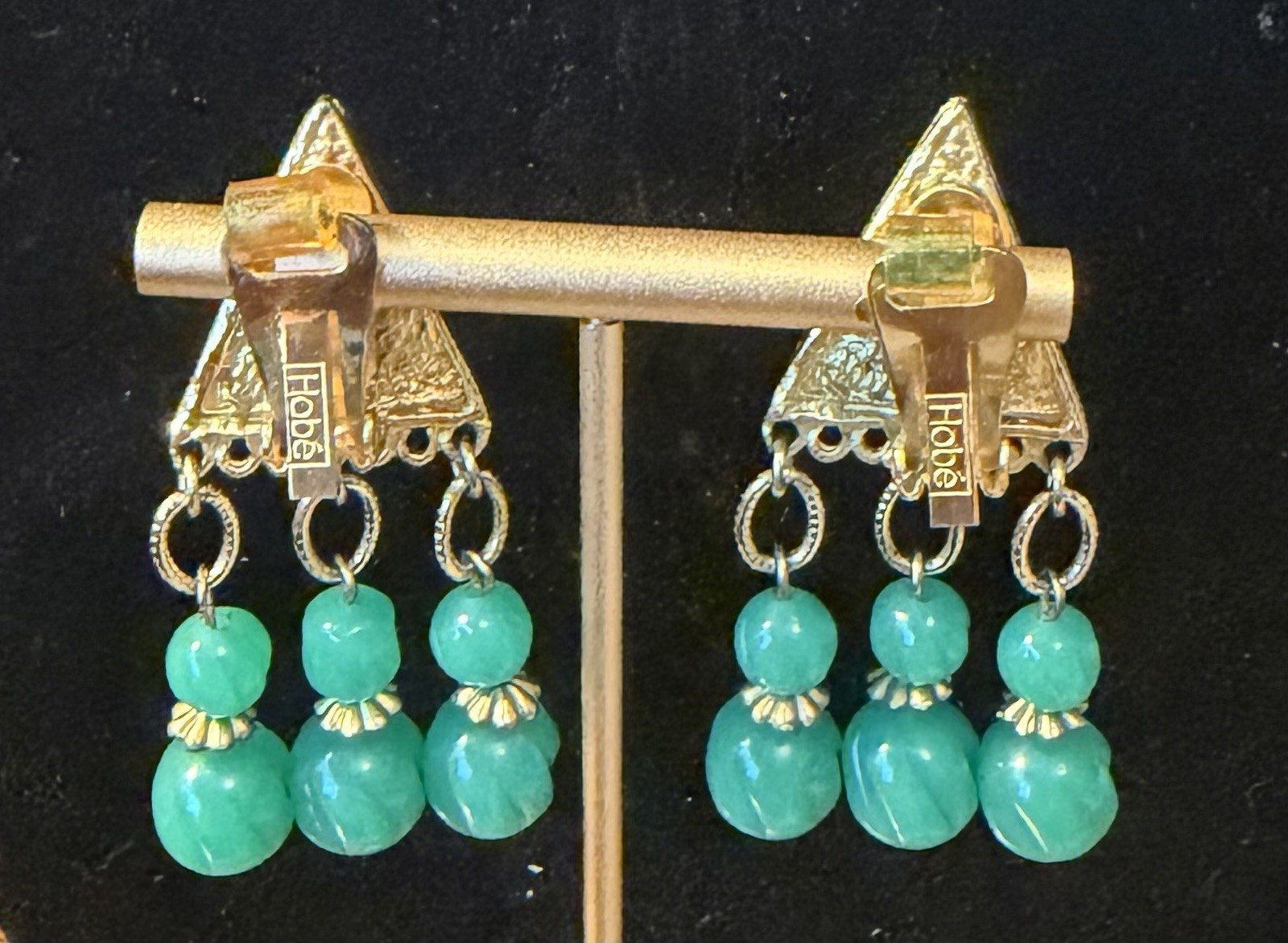 Vintage Hobe Carved Glass Chandelier Goldtone Etruscan Revival Earrings Clip