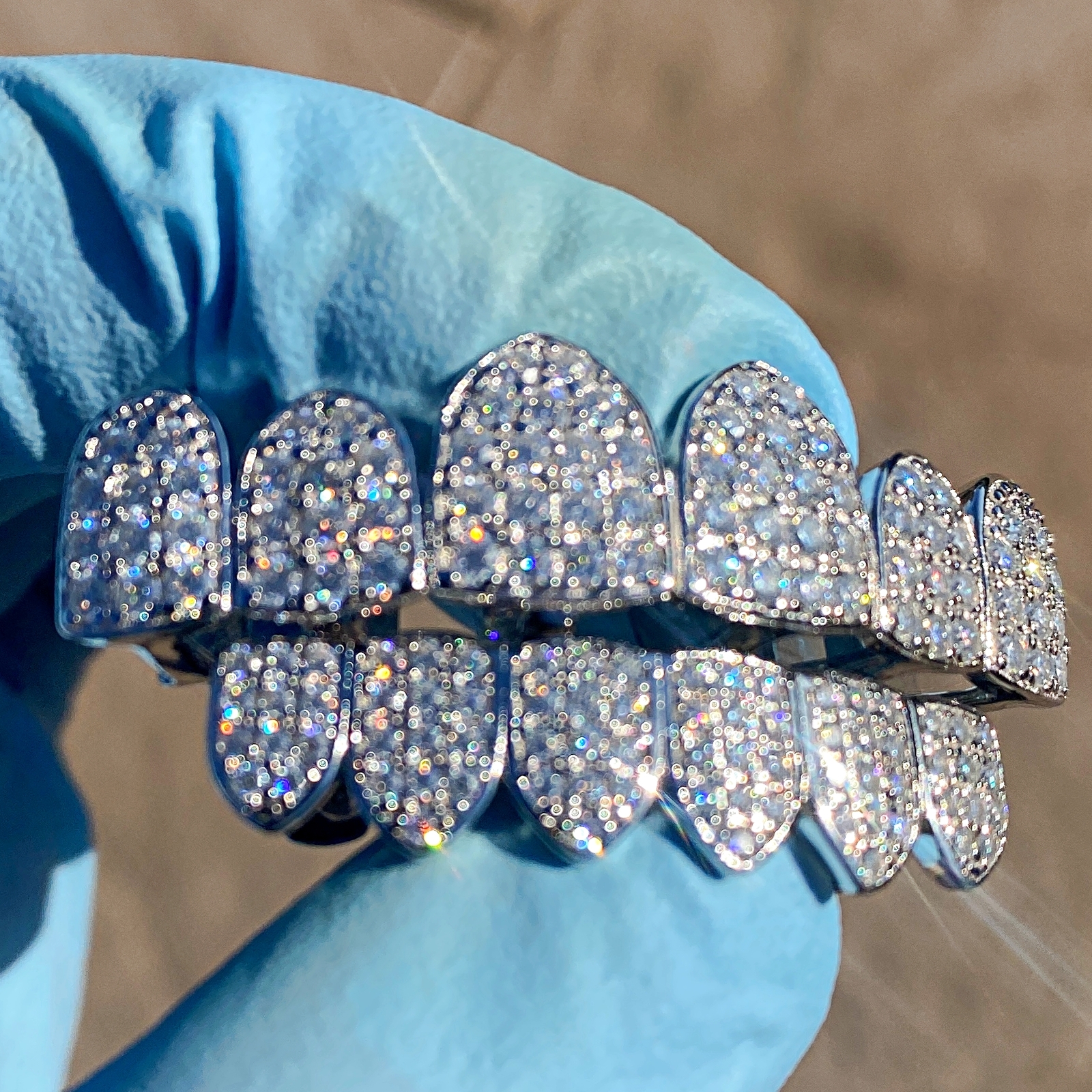 Real 925 Sterling Silver Teeth Grillz Moissanite Micro Pave Iced Flooded Out