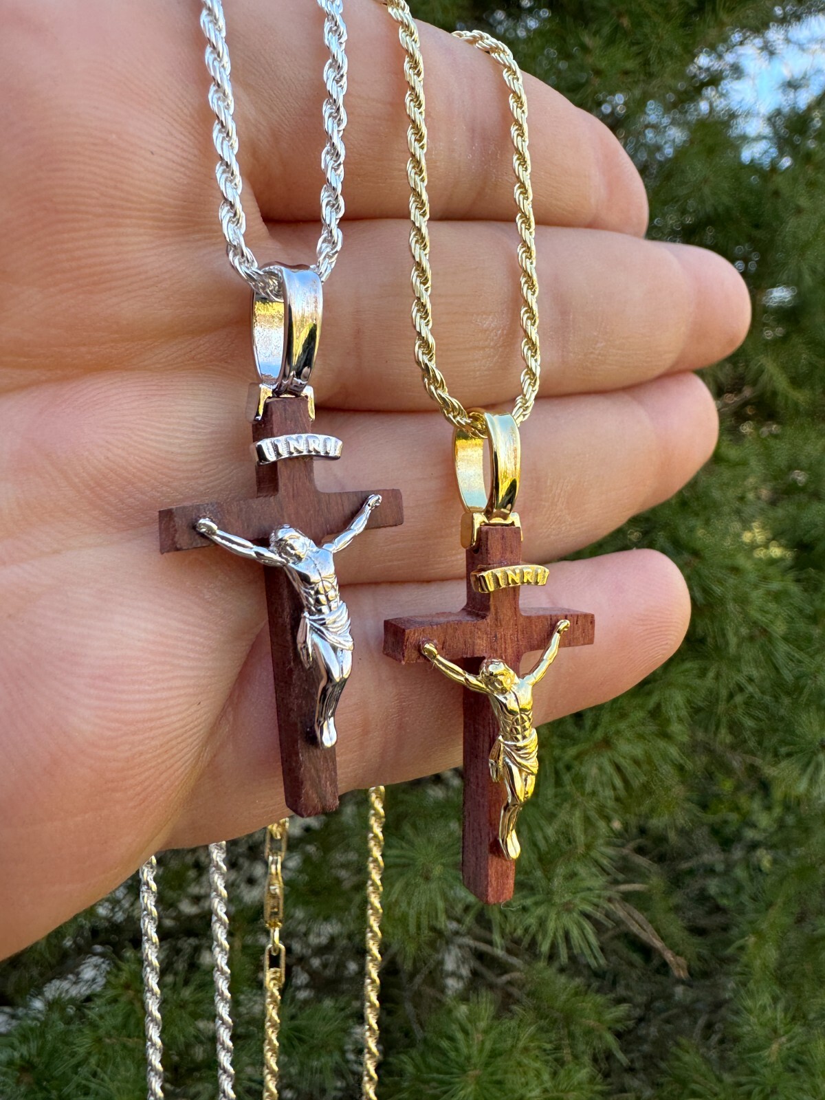 Mens Real 925 Silver Red Cherry Walnut Wood Jesus Cross Pendant Necklace 1.25″