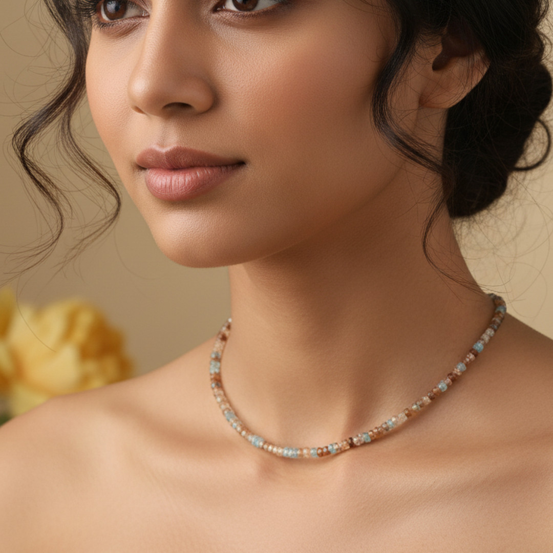 Natural Multi Zircon Stone Beaded Handmade Necklace Faceted Roundel 925 Silver