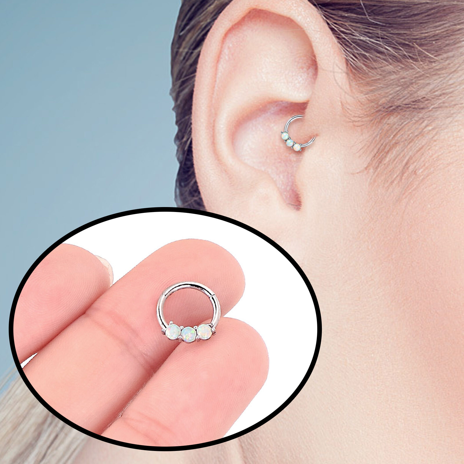 Opal Gem HINGED Segment Nose Ring Surgical Steel Septum Clicker Daith Hoop- ONE