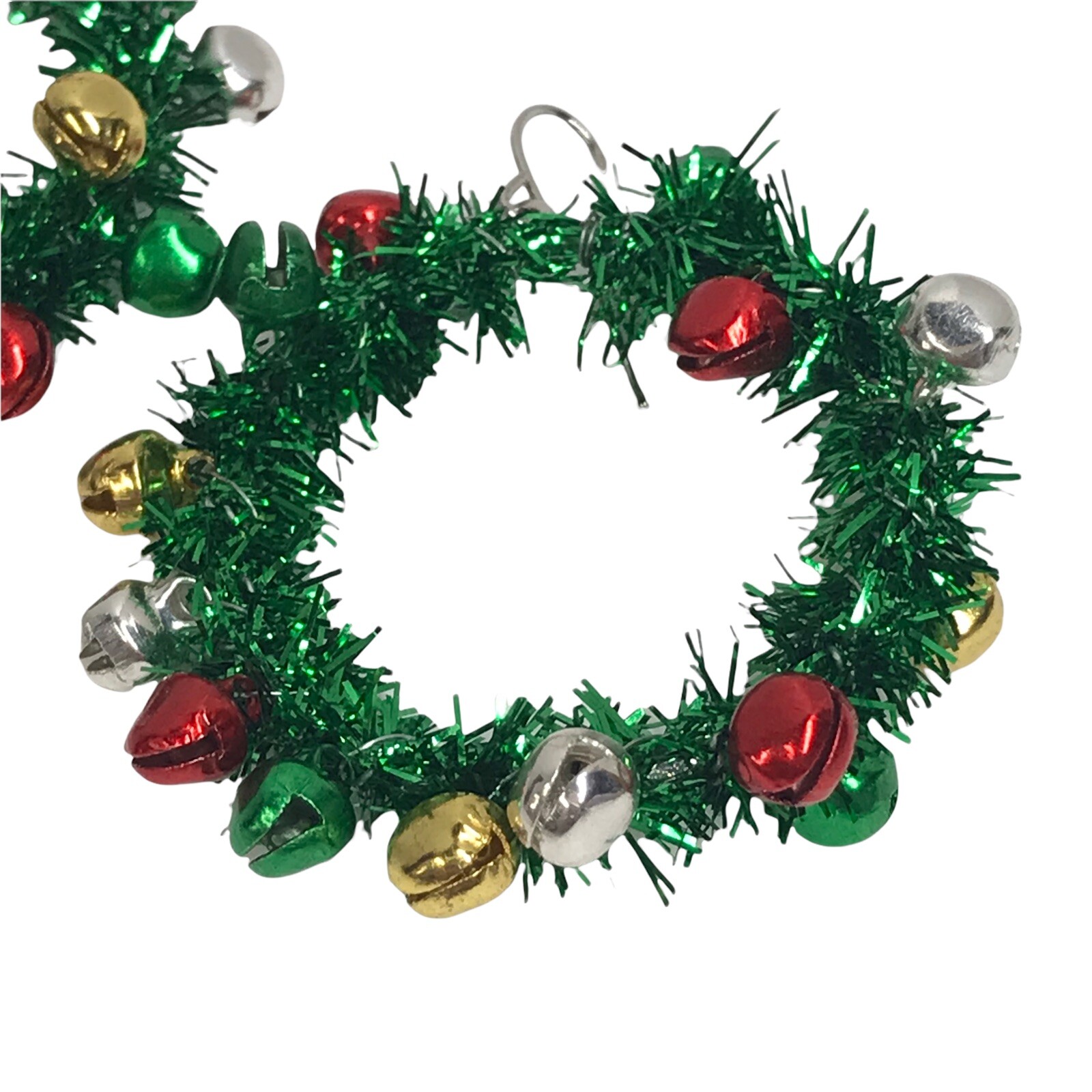 Green Tinsel Loop Hoop Christmas Wreath Earrings New Mini Jingle Bells Holiday