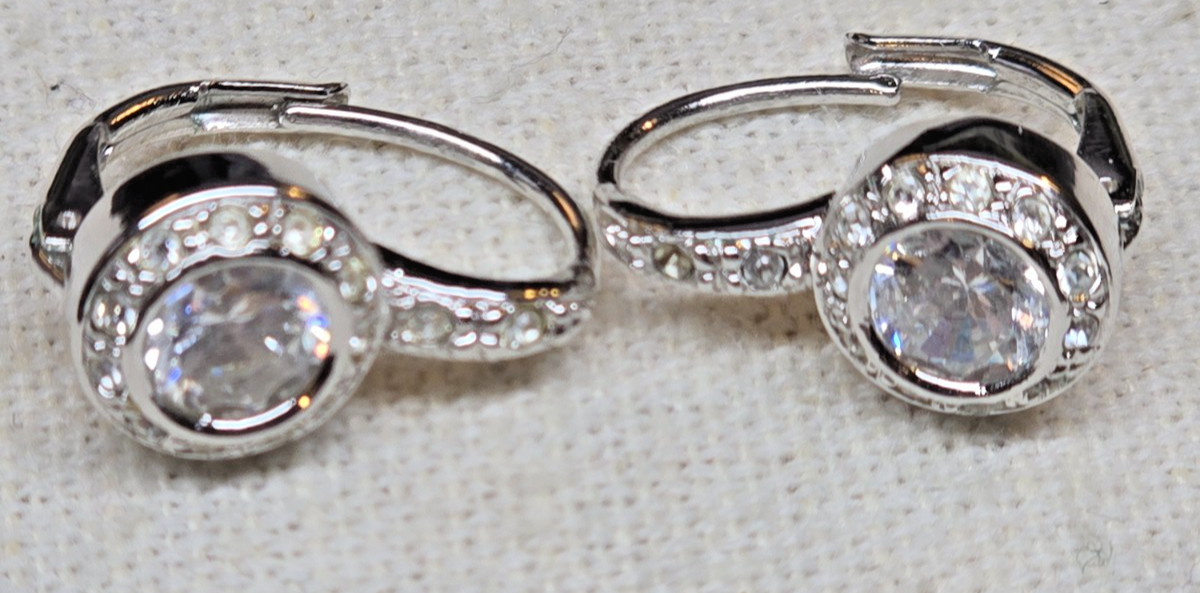 HALO ROUND CZ LEVER BACK SILVER TONE EARRINGS MARKED WITH MAKERS MARK “N”
