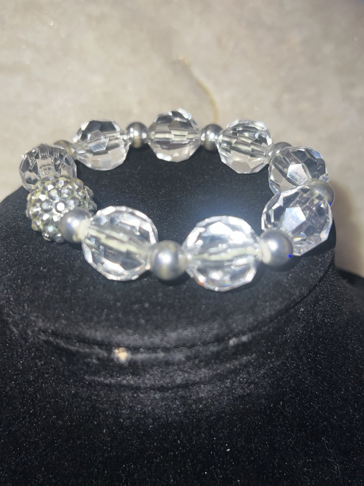 Lot of 2 Clear Round Beaded Stretch Bracelets with Silver-Tone Spacer Beads