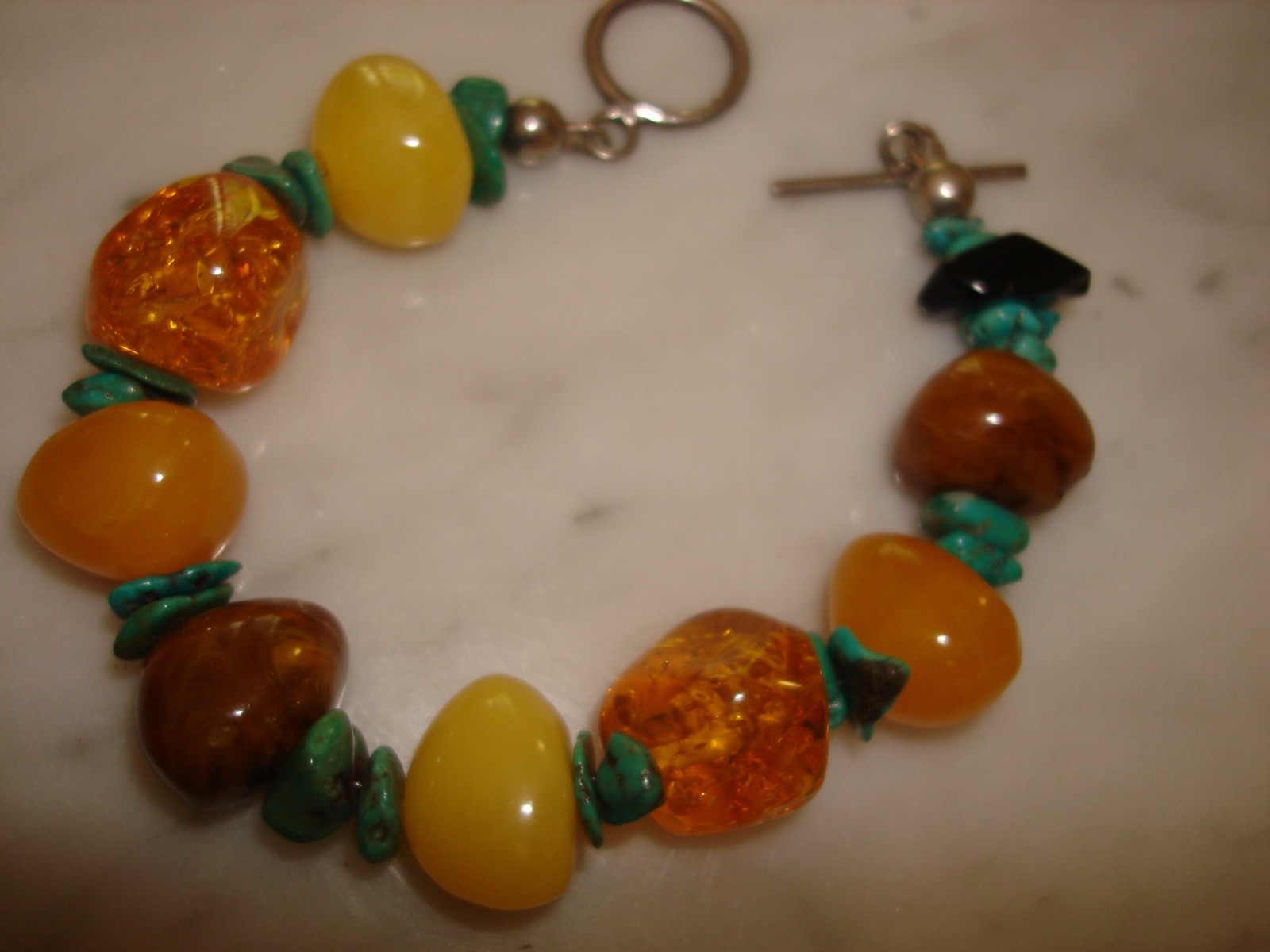 Vintage Navajo Baltic Butterscotch Amber Turquoise Nugget Bracelet