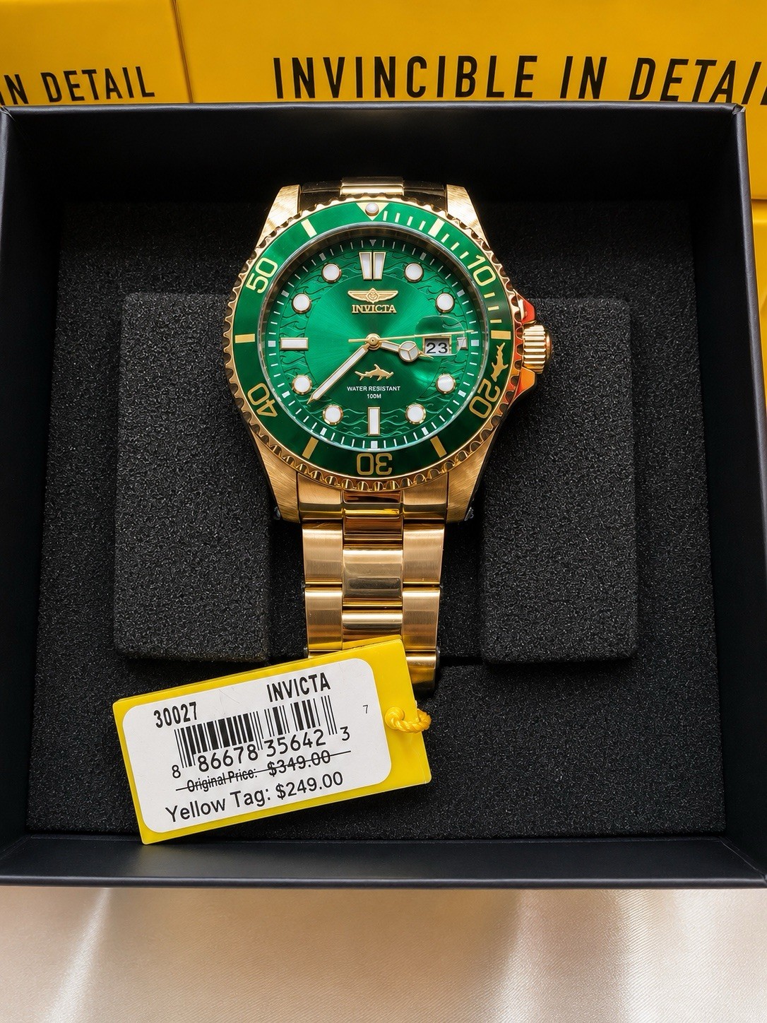 Invicta 30027 Pro Diver Shark Green Dial Gold Tone Quartz Men’s Watch New