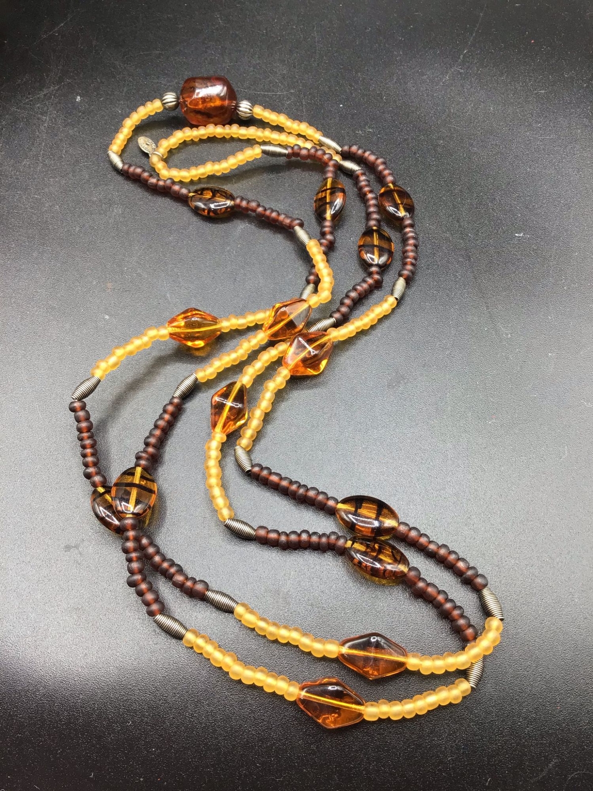 Robert Rose Long Necklace Earthy Colors All Glass Topaz Opaque Satin Beads