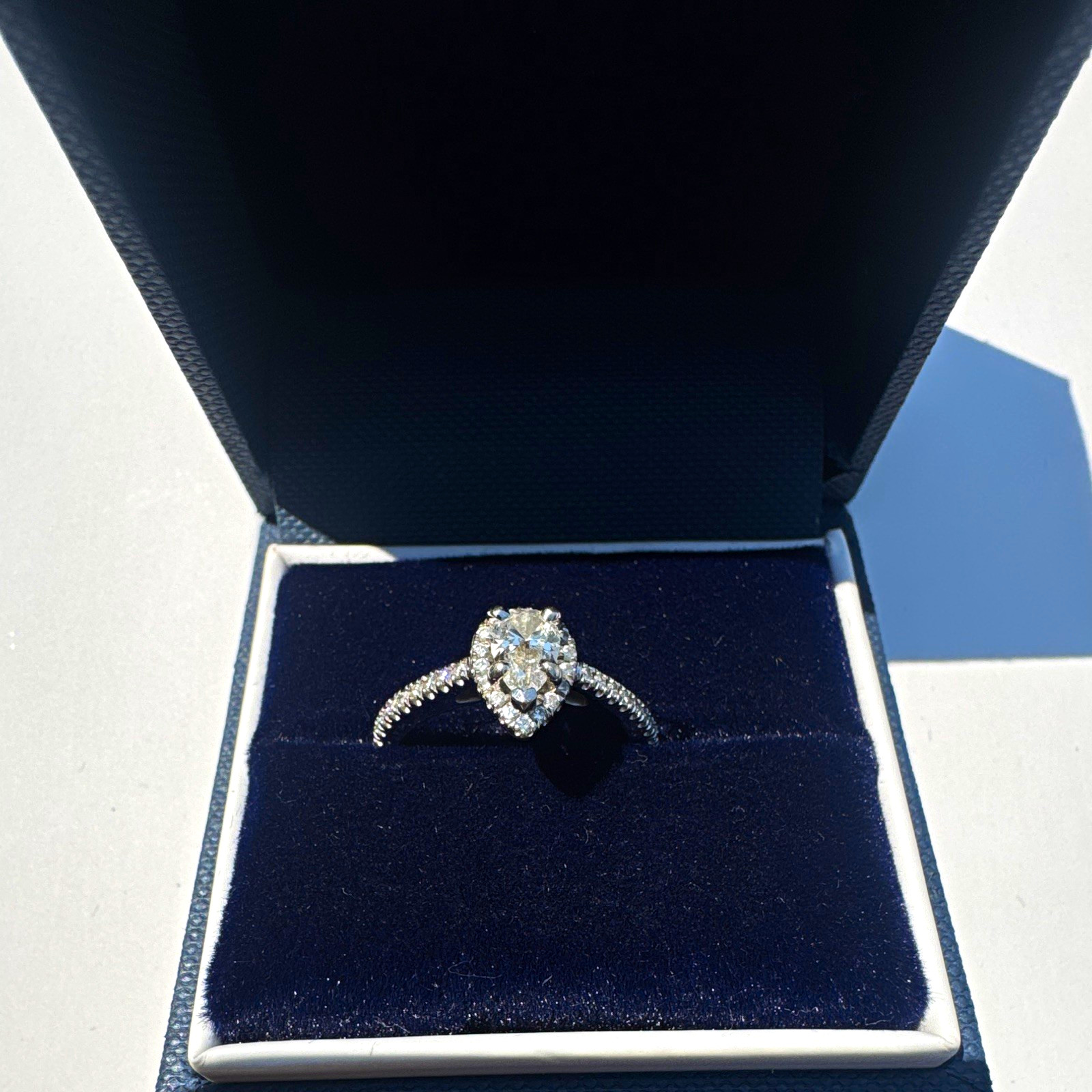 Blue Nile Pear Halo Natural Diamond Engagement Ring 14k White Gold Sz 7 GIA