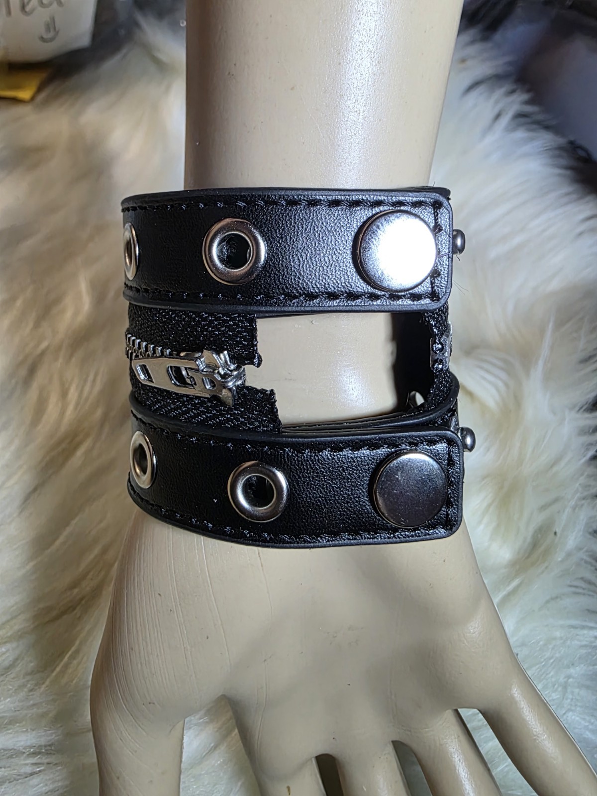Black Faux Leather Wide Wrap Bracelet with Silver Grommets & Zipper