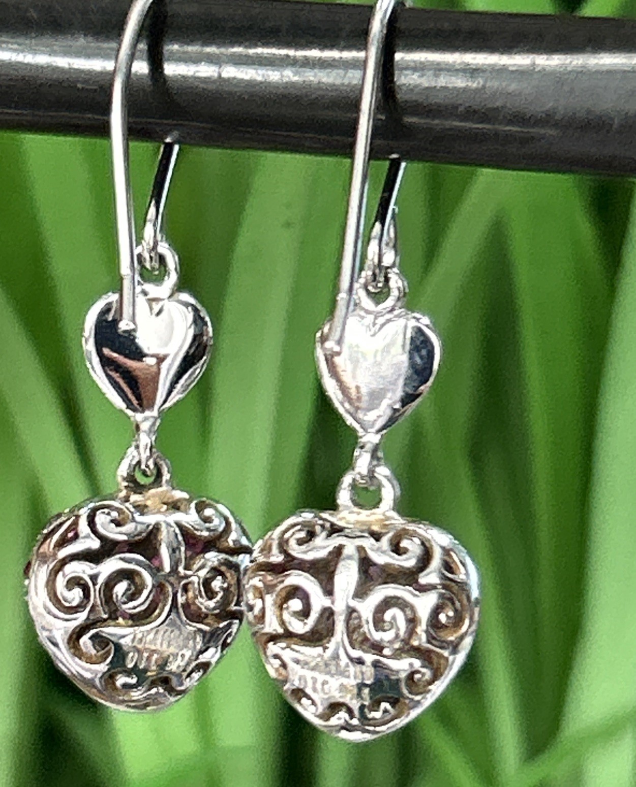 VTG OTC 925 Sterling Silver lab created Ruby Puffy Heart Pave Earrings 1.25” 4g