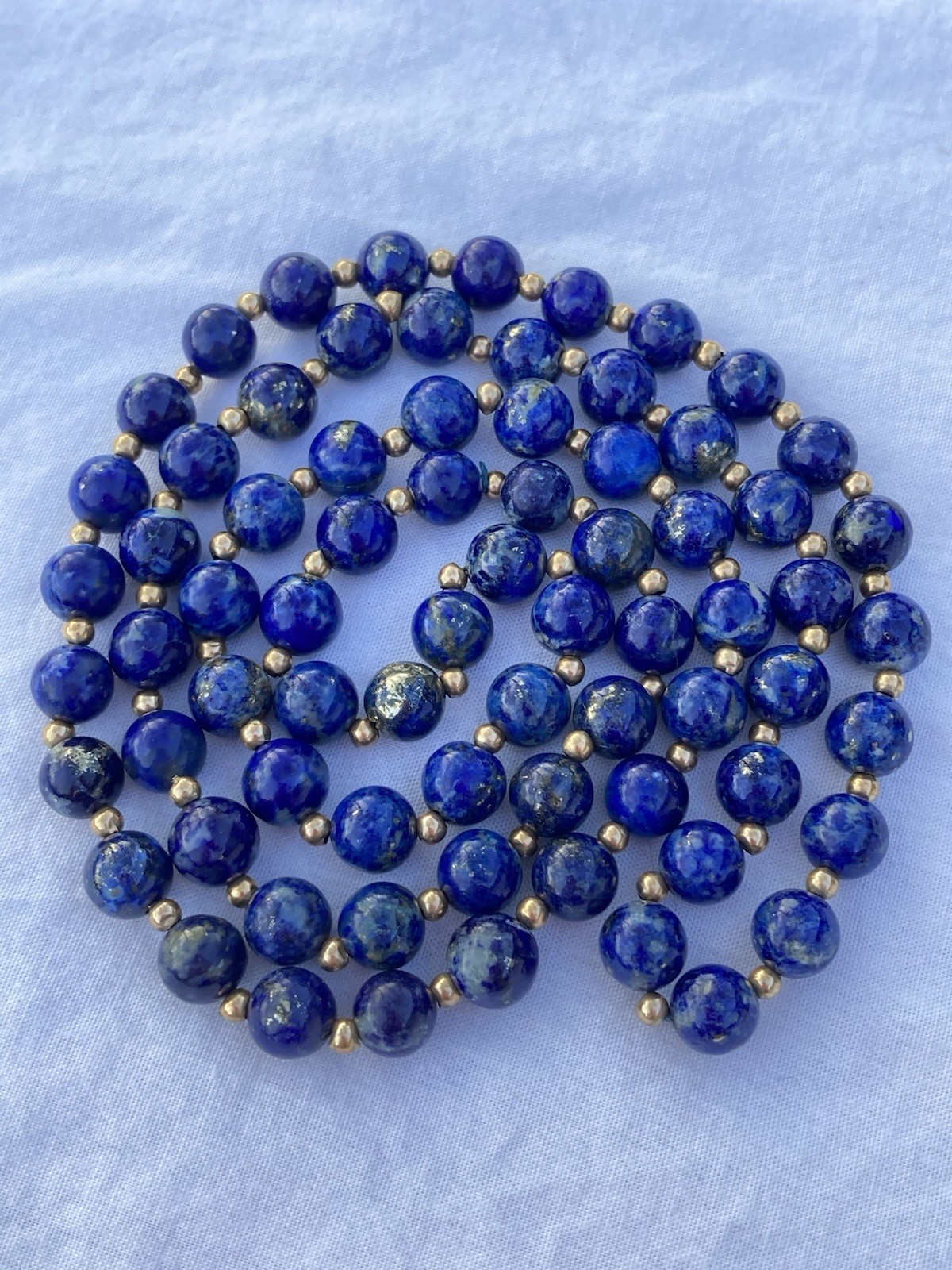 Estate Vintage 30” 7mm Blue Lapis Lazuli & 2mm 14K Gold Beaded Necklace, 57.3g