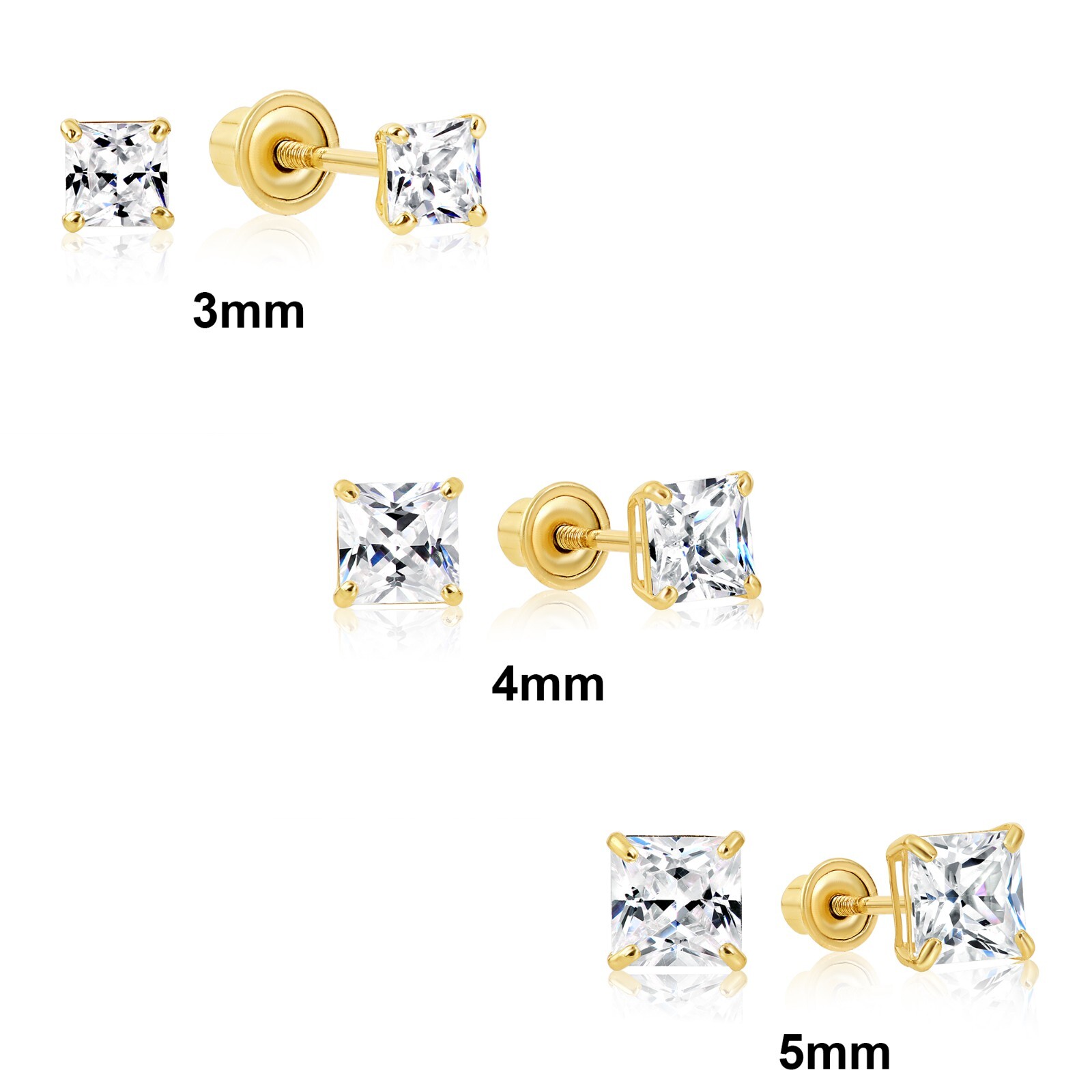 Set of 3! 14K Real Solid Gold Princess-Cut CZ Sleeper Studs Earrings Screw-back