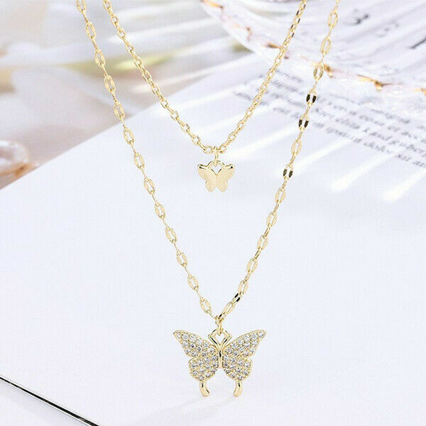 925 Silver Double Layer Butterfly Pendant Clavicle Chain Necklace Womens Jewelry