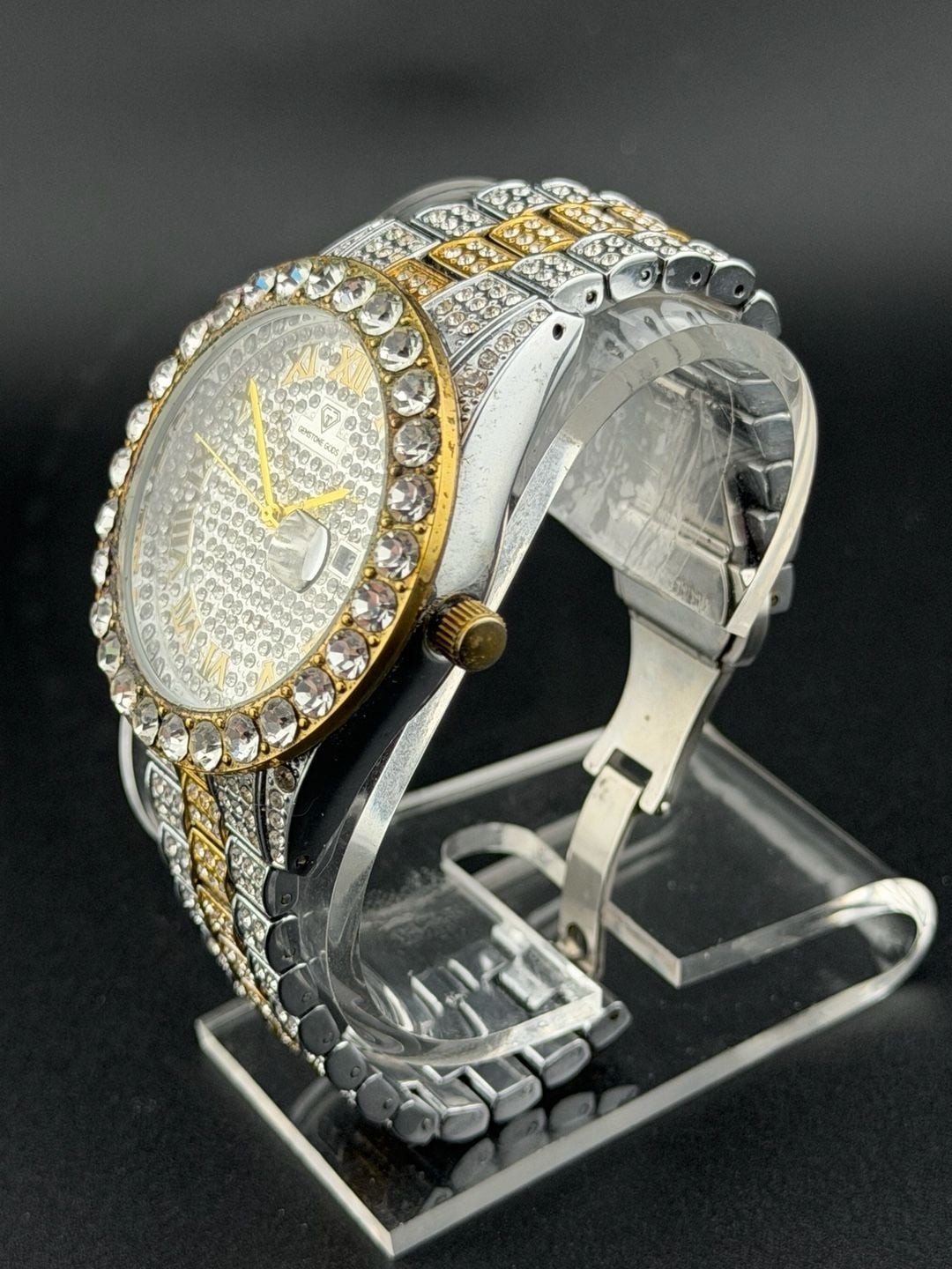 Gemstone Gods Iced-Out Two-Tone Roman Num. Crystal Bling Watch NEW BATTERY 42mm