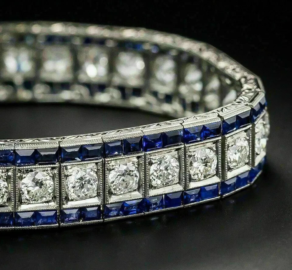 Men’s Tennis Bracelet 15CT Lab Created Diamond&Sapphire 14k White Gold Plated 8″