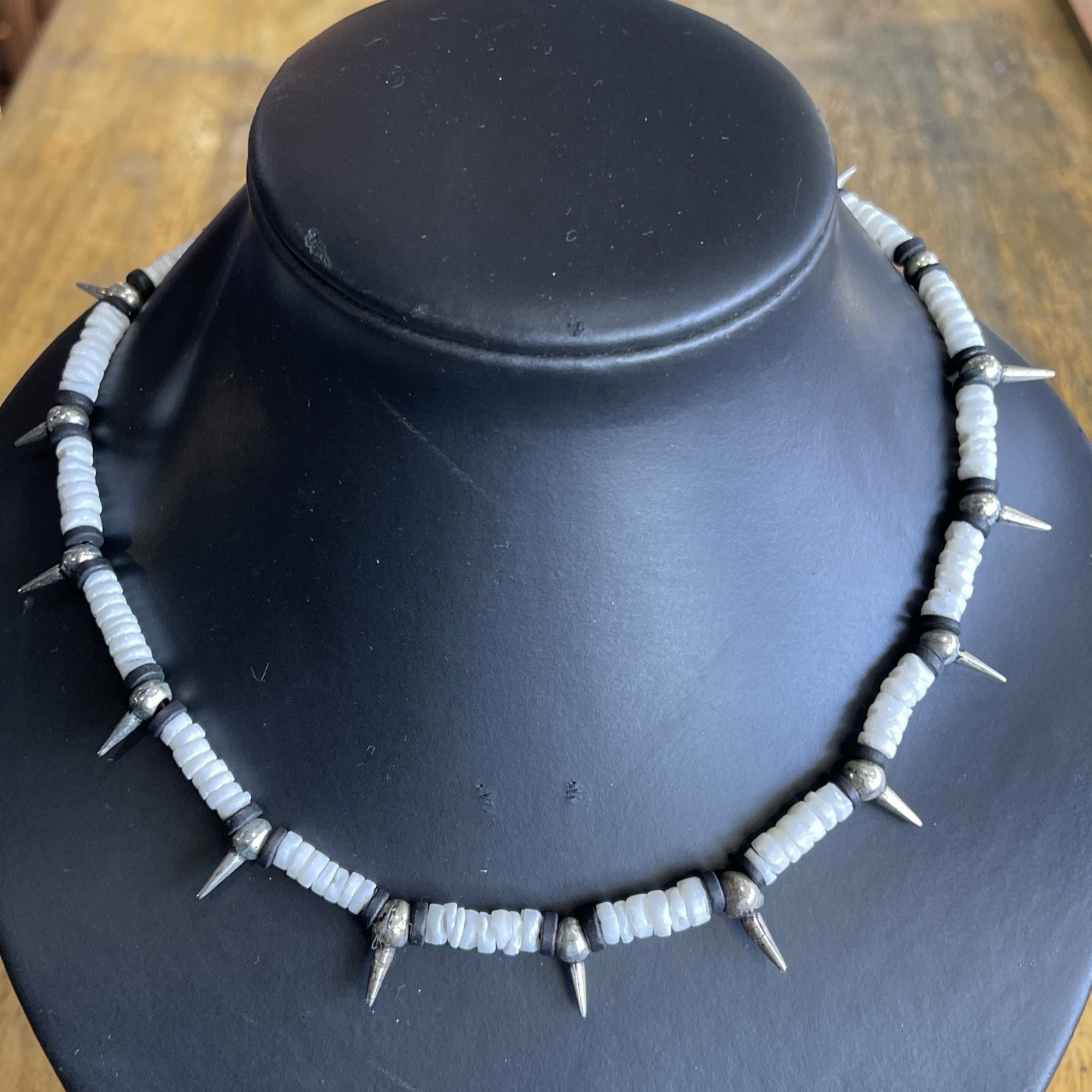 Puka Shell Punk Surfer Skater Metal Spikes Choker Necklace: Adjusts To 17” Retro