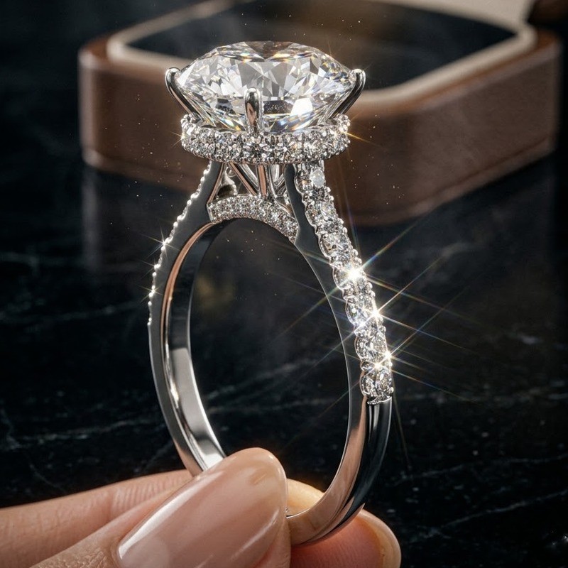 4.80 TCW Round Cut Moissanite Hidden Halo Engagement Ring 14k White Gold Plated