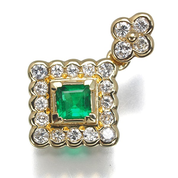 Emerald 0.23ct Diamond 0.30ct Drop Flower Pendant 18K 750 Yellow Gold