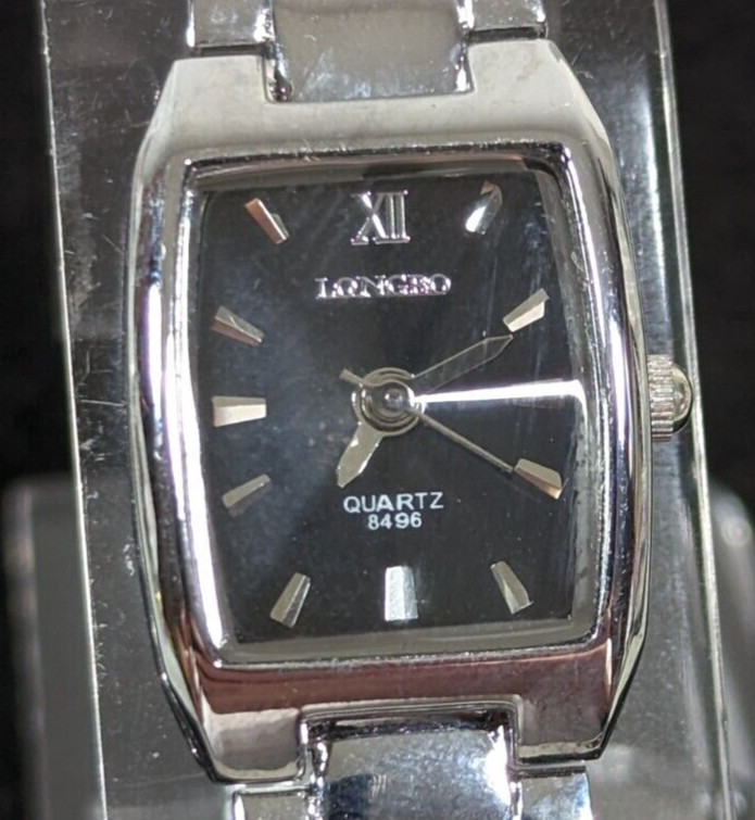 Longbo Womens Black Dial Prism Crystal Silver Tone Stainless St Band Watch NEW