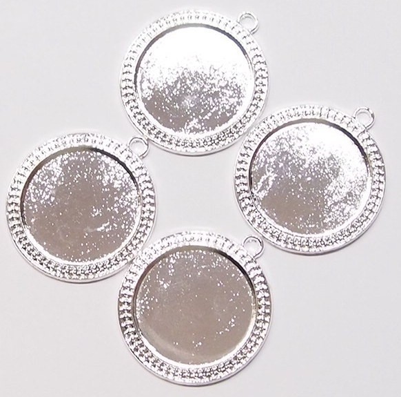 4 of 30mm Round Shiny Silver Victorian Art Deco Beaded Pendant Settings 44x38mm