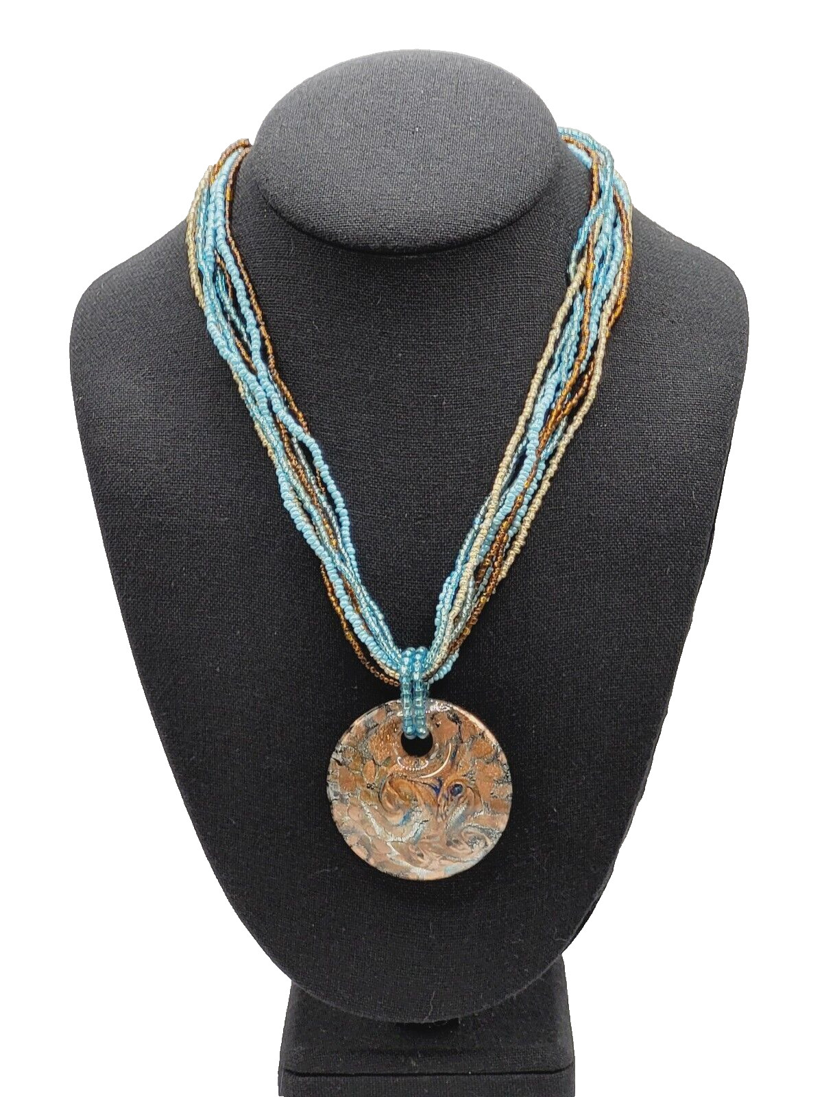 8 Strand Seed Beed Necklace with Metallic Foiled Large Round Art Glass Pendant