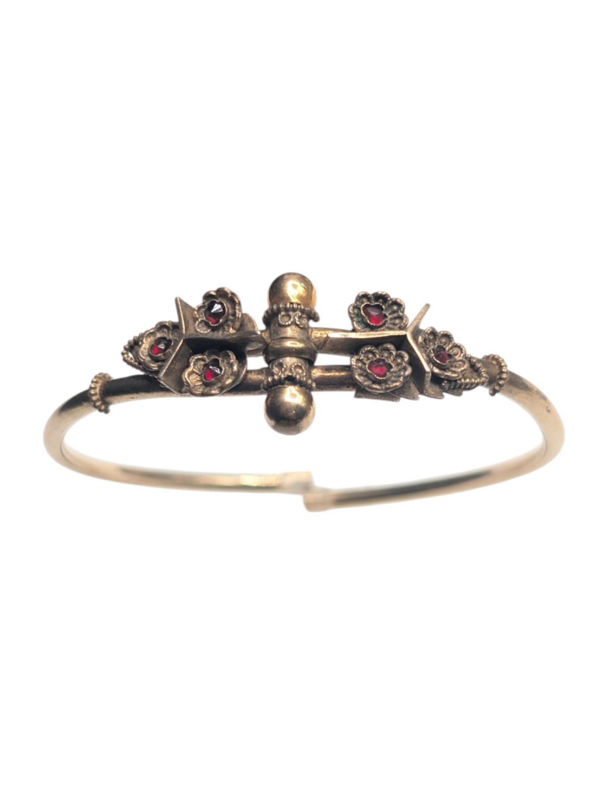 Victorian Antique Gold Filled Bohemian Rose Cut Garnet Glass Hinge Bracelet Read