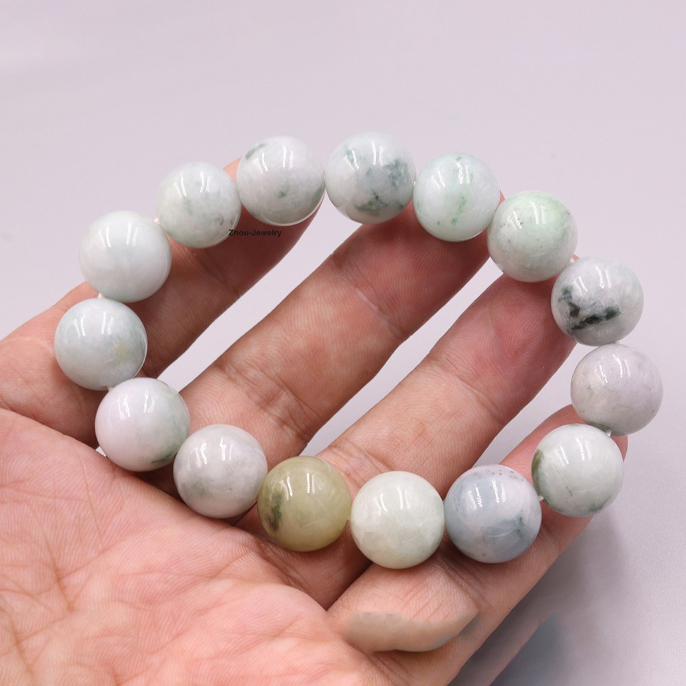 NEW 13mm Natural Grade A Jade Spotted Bead Elastic Bracelet Fit 6.7inch Wrist