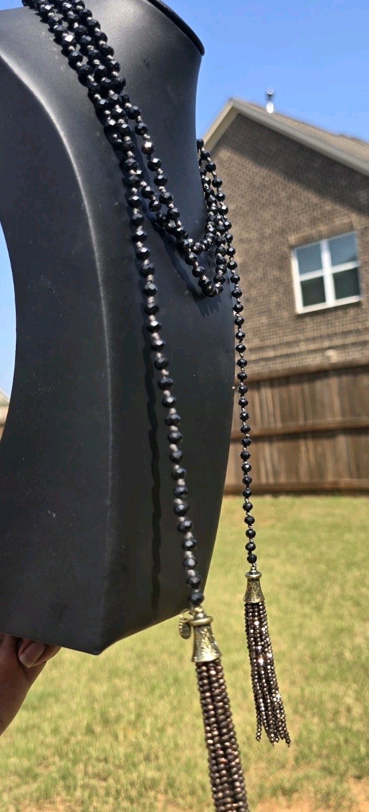 Marlyn Schiff Black Glass Beaded Lariat Sautoir Tassel Necklace Hand Knotted…
