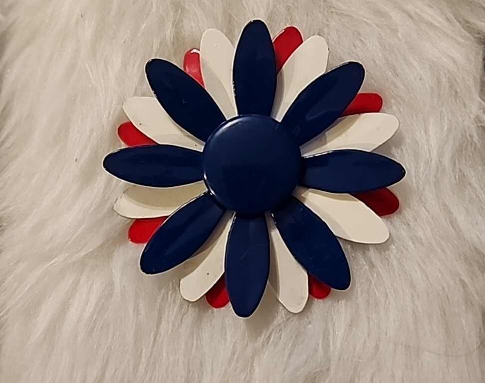 Vintage White Red Blue Enamel Flower Brooch 1960’s