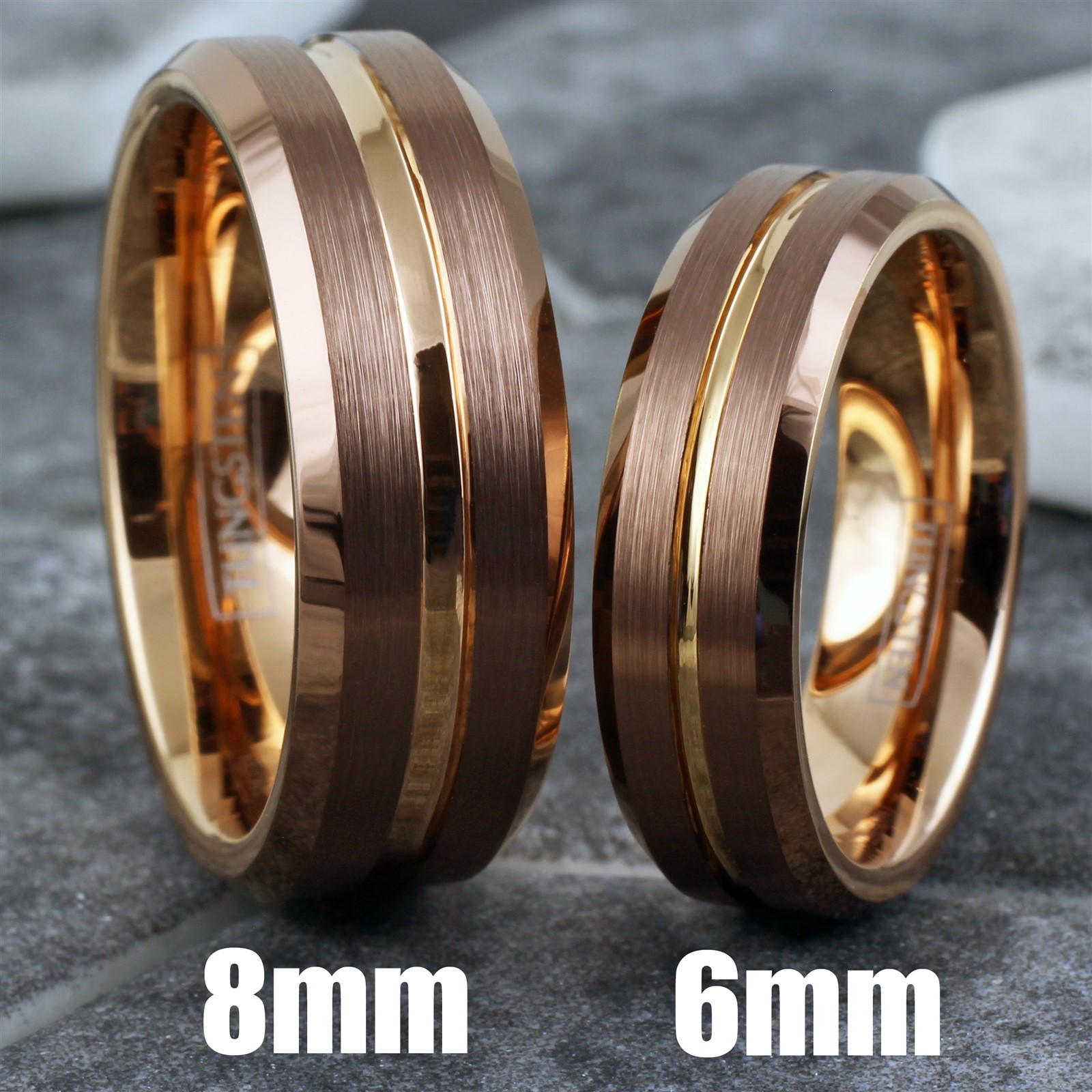 Bronze-Brown Tungsten Carbide Men’s Ring Rose Gold Plated Stripe Wedding Band