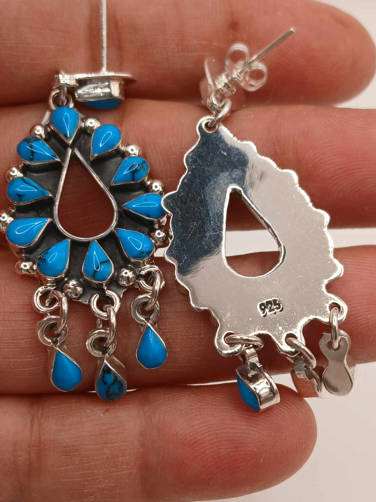 Sterling Silver Navajo Style Turquoise Teardrop Dangle Earrings 61mm