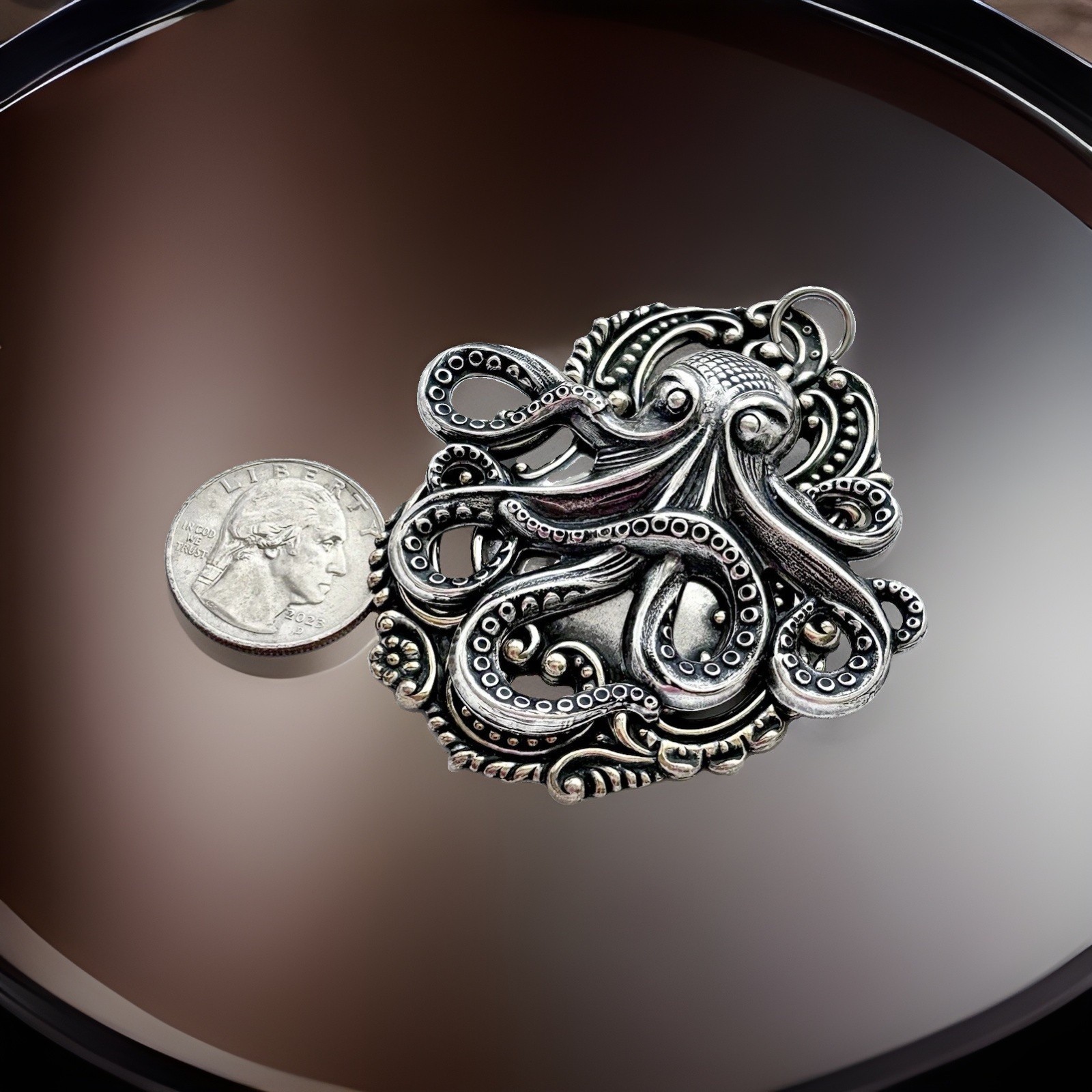 X-Lrg Octopus Kraken Necklace, Sterling Silver plated, Gothic Pirate Pendant