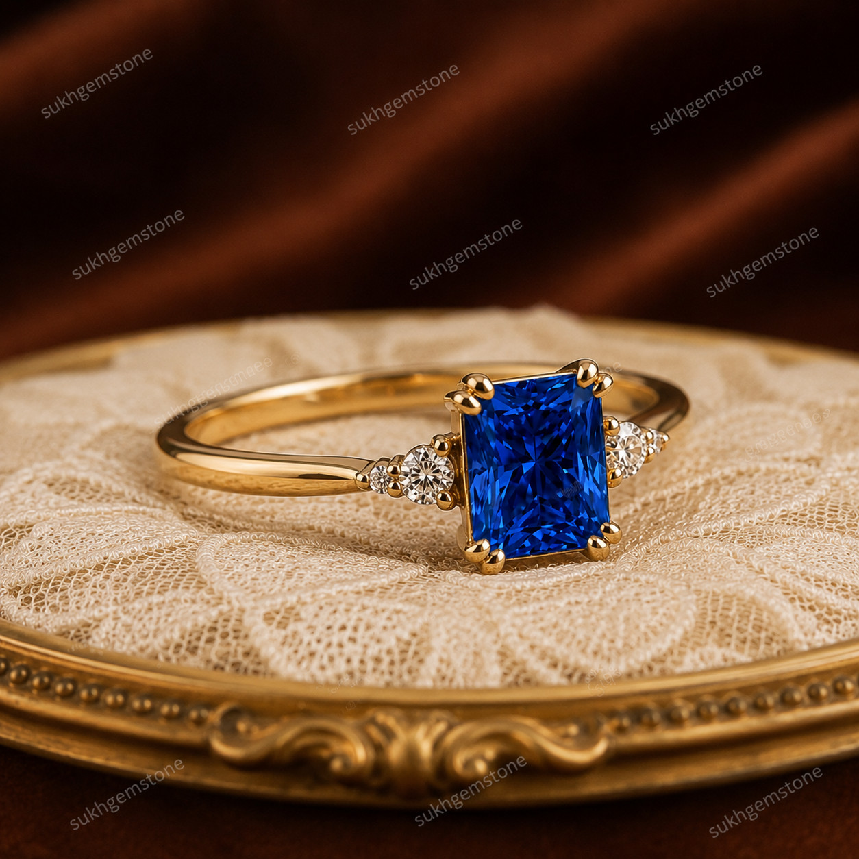 Lab Created Blue tanzanite Ring, Base Metal: Brass Finish: Gold Plated